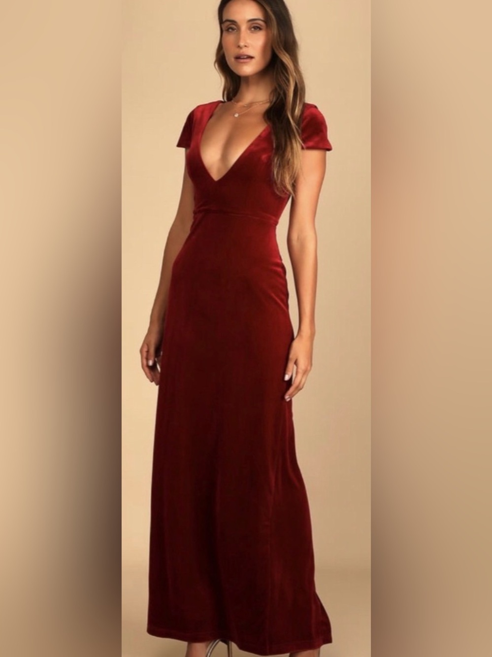 Lulu's Burgundy Velvet V-Neck Maxi Dress
